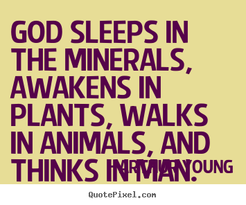 Make picture quote about inspirational - God sleeps in the minerals, awakens in plants, walks in..