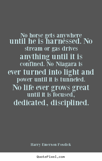 No horse gets anywhere until he is harnessed. no stream or gas drives.. Harry Emerson Fosdick great life quote