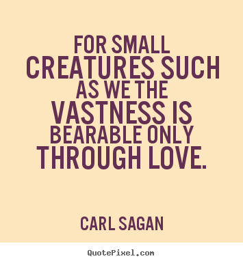 Carl Sagan picture quote - For small creatures such as we the vastness is bearable only through.. - Love quotes