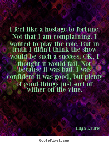 Hugh Laurie picture quotes - I feel like a hostage to fortune. not that i am complaining. i wanted.. - Success quote